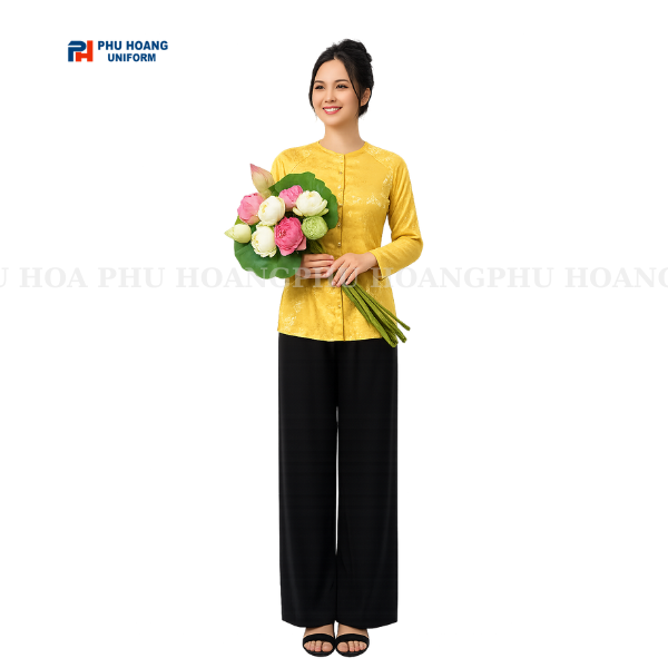 Mẫu áo bà ba gấm vàng cao cấp cho nữ, thiết kế cổ tròn truyền thống