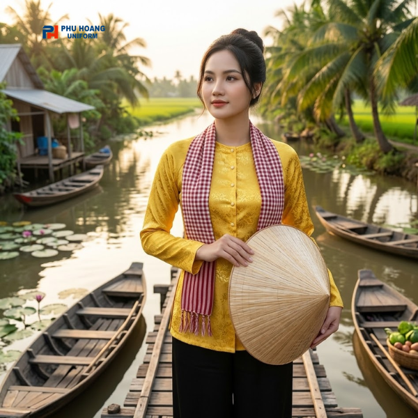 Bộ áo bà ba nữ màu vàng truyền thống