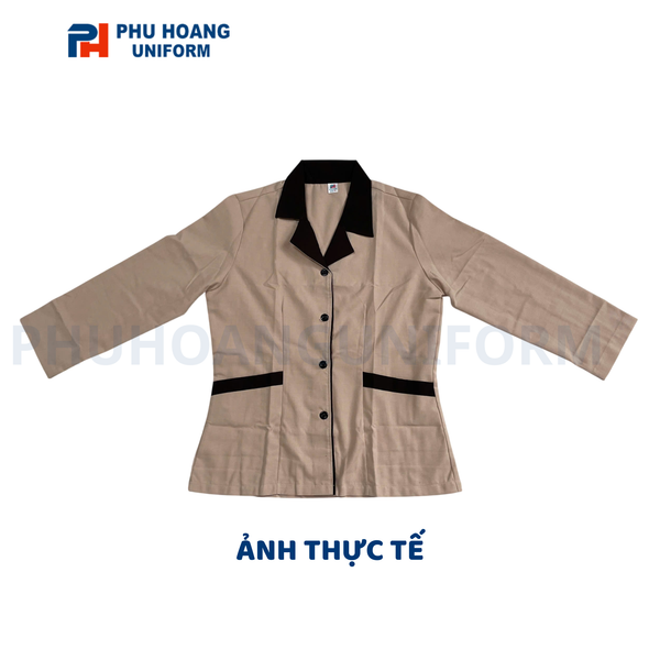 Áo đồng phục tạp vụ be viền nâu tay dài