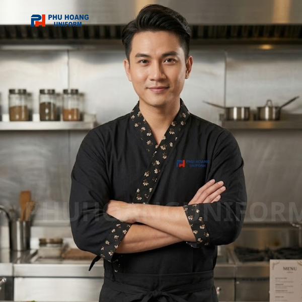 Áo bếp nhật đen phối hoa