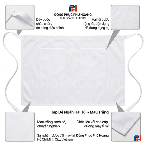 Tạp dề cột ngang 40cm 2 túi - Trắng
