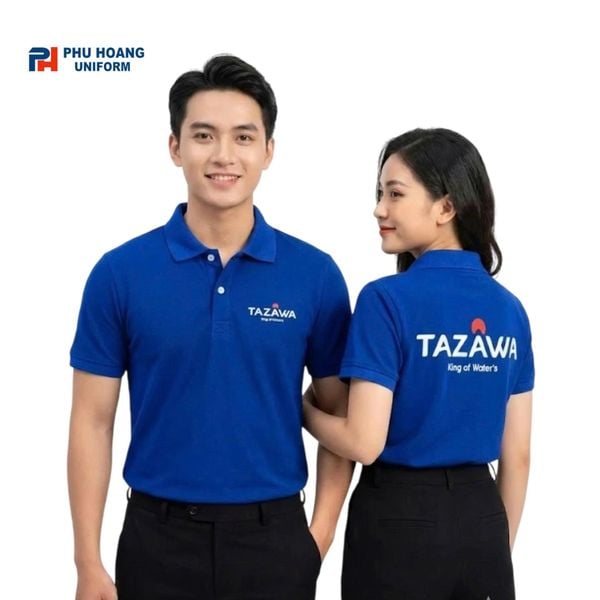 Áo polo xanh coban nam nữ logo Tazawa, may đồng phục theo yêu cầu cho doanh nghiệp