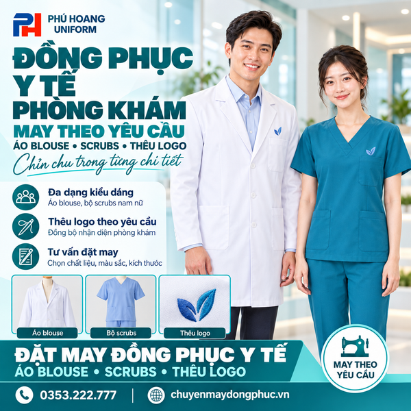 Đồng phục y tế phòng khám may theo yêu cầu gồm áo blouse và scrubs thêu logo