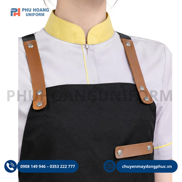Mẫu tạp dề dây chéo phối da do Phú Hoàng sản xuất