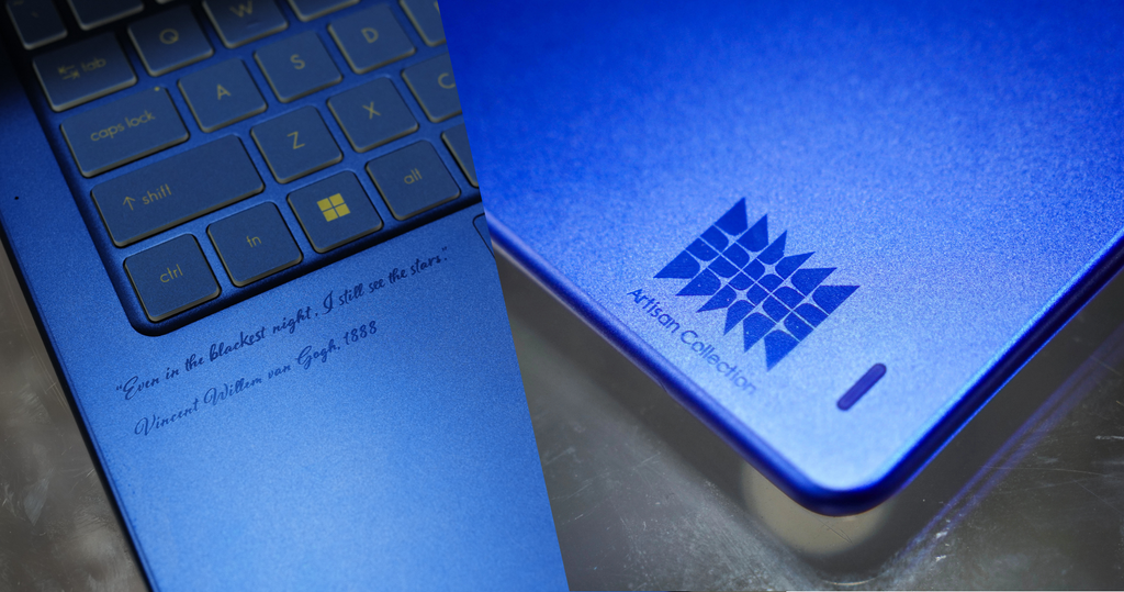 laptop msi prestige 14 flip ai vincent van gogh edition the starry night 295vn logo và dòng thư khắc kệ nghỉ tay