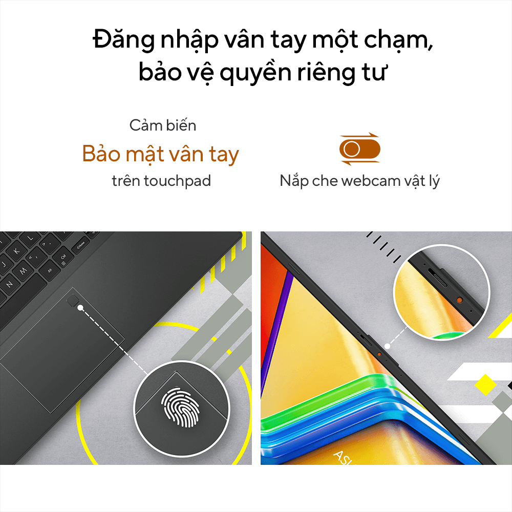 ASUS VivoBook Go 14 E1404FA-NK177W mở khóa vân tay và webcam có nắp đậy