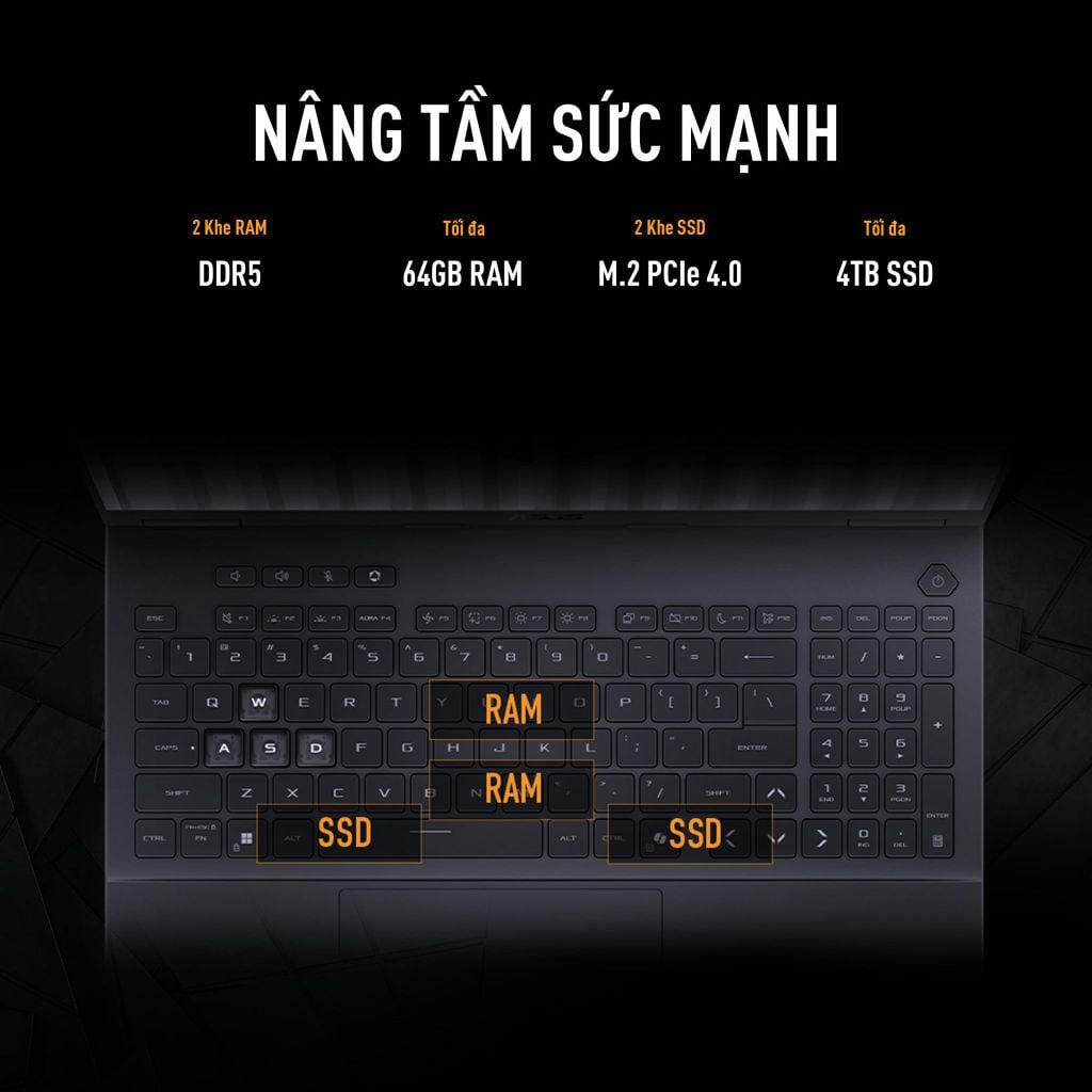 Asus TUF F16 FX608JH-QT127W có 2 khe ram cùng ssd nâng cấp
