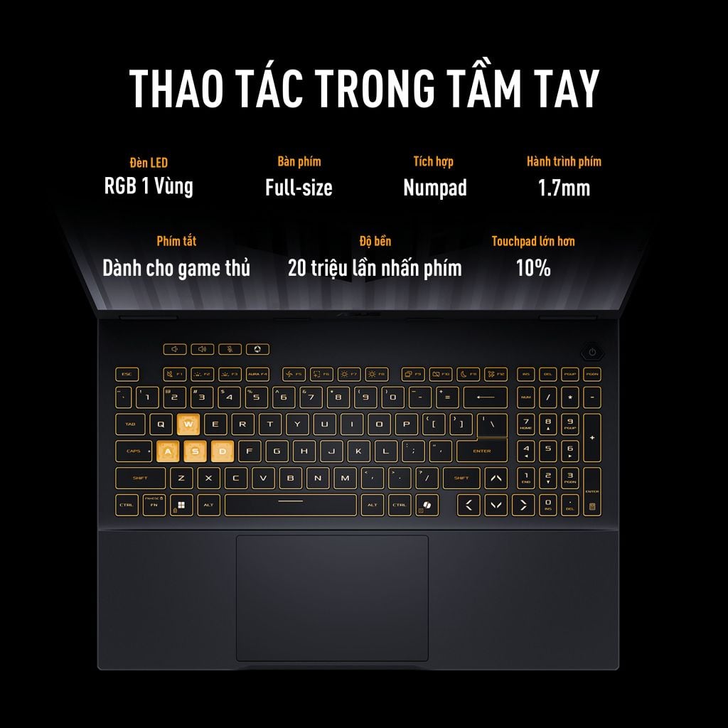 Laptop Gaming Asus TUF F16 FX608JH-QT127W sở hữu bàn phím RGB một vùng cùng độ nảy 1,7mm