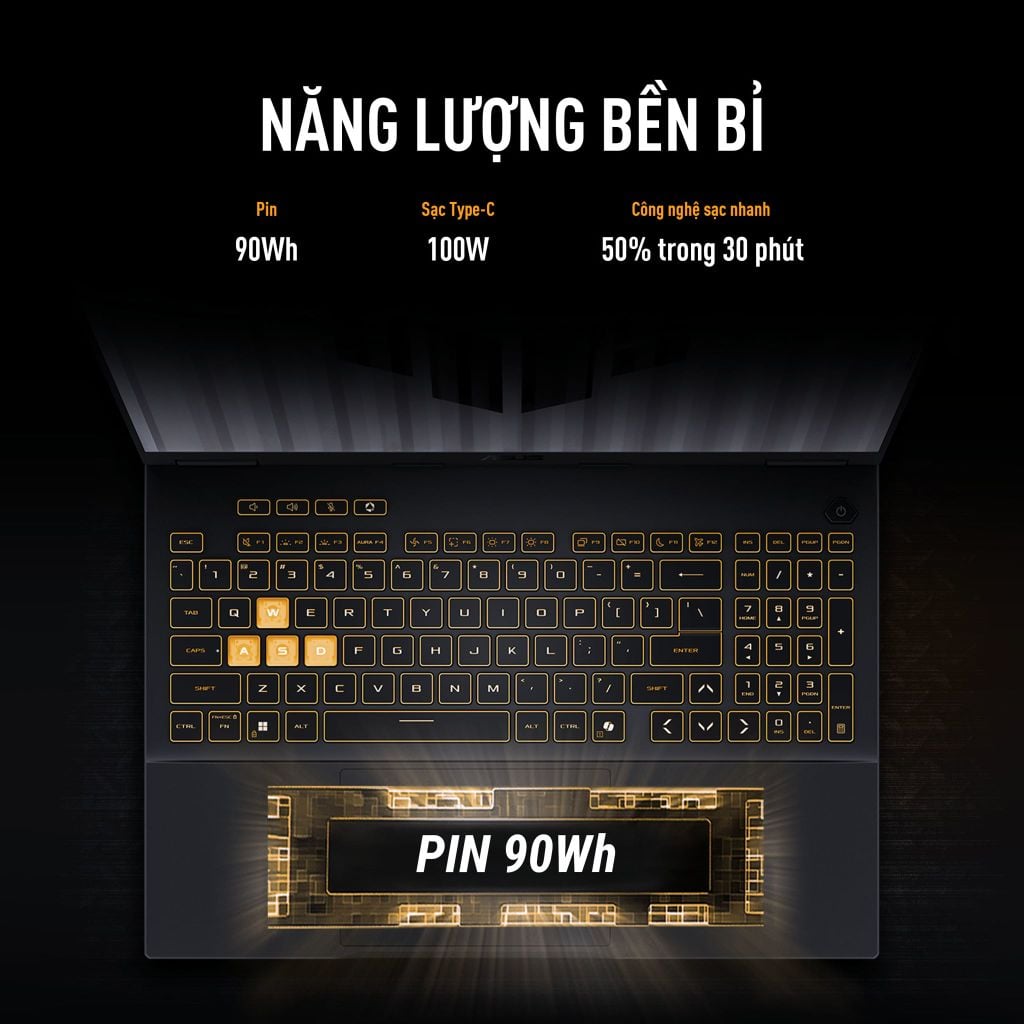Asus TUF F16 FX608JH-QT127W pin 90 wh có thể dùng đến 5 giờ