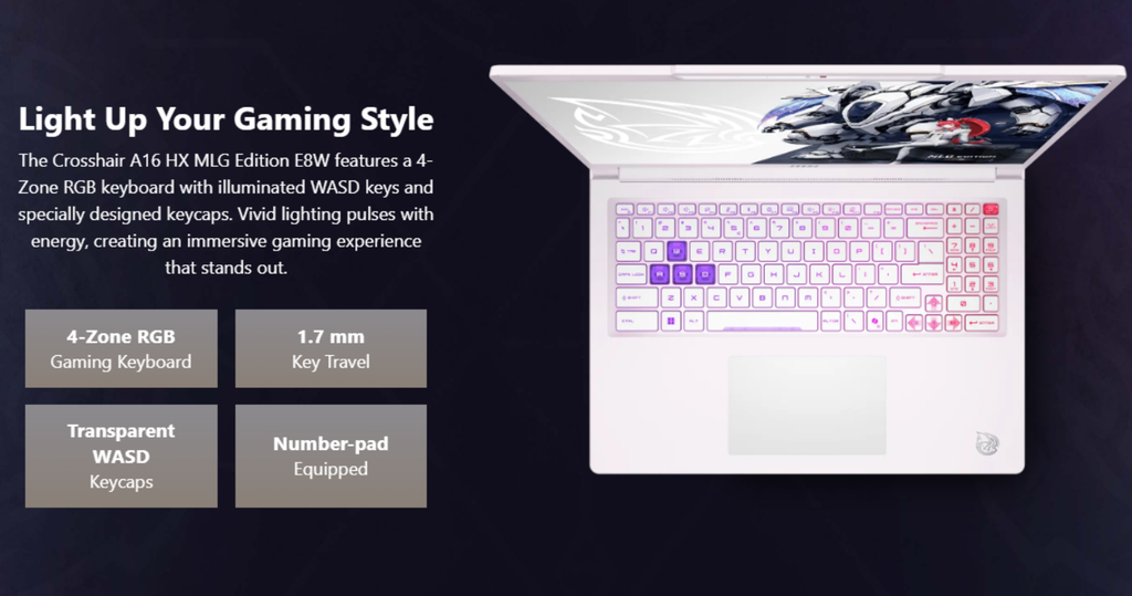 laptop gaming msi crosshair a16 hx mlg edition e8wgk 093vn bàn phím