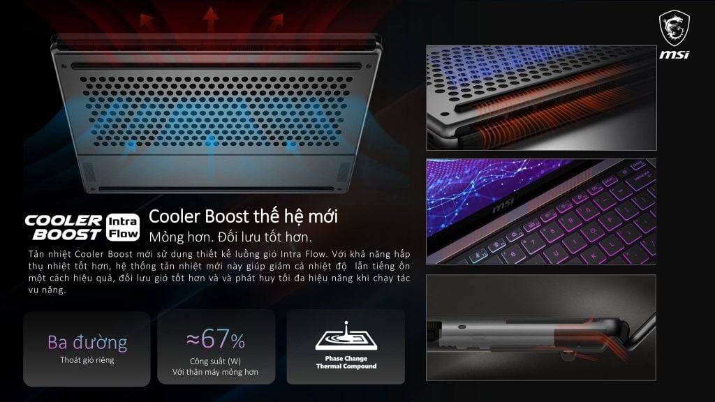 MSI Stealth 16 AI+ B3WGX 008VN công nghệ tản nhiệt Cooler Boost với 3 luồng thoát gió