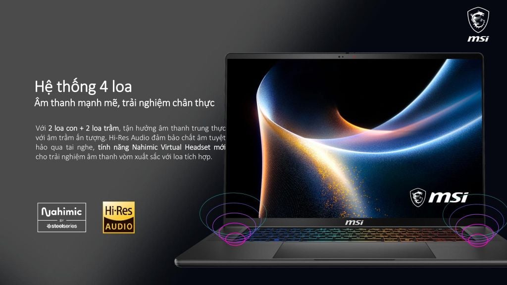 MSI Stealth 16 AI+ B3WGX 008VN trang bị 4 loa cùng công nghệ Nahimic Virtual Headset