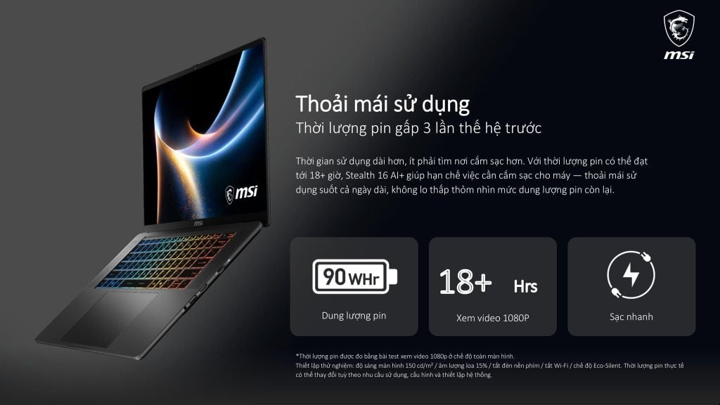 MSI Stealth 16 AI+ B3WGX 008VN có dung lượng pin lớn dùng đến 18h