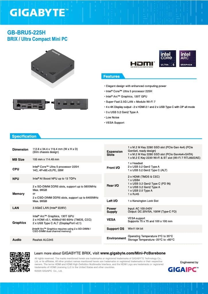 Mini PC Gigabyte BRIX GB-BRU5-225H (6BXARH5SWMR)