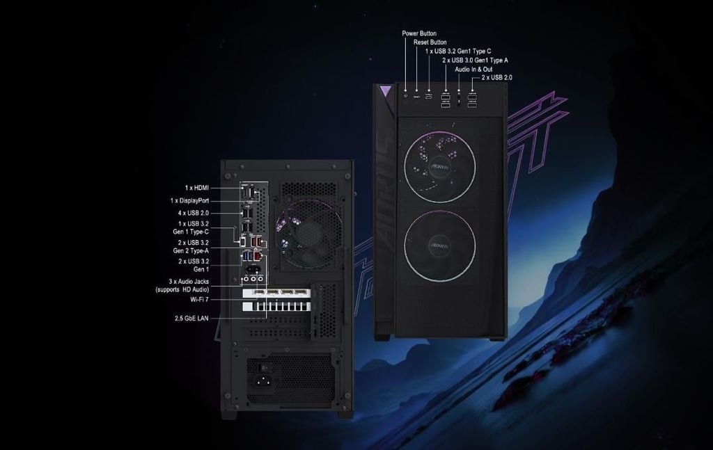 PC AI GIGABYTE AORUS PRIME 3 trang bị cổng kết nối ở 2 mặt bên thùng PC