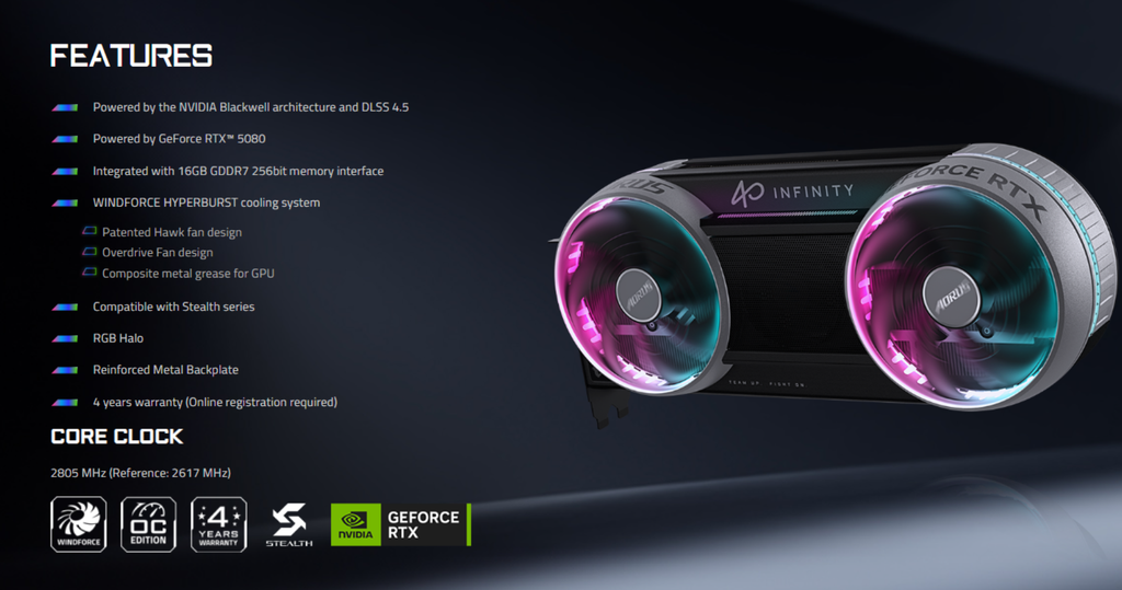 vga gigabyte geforce rtx 5080 aorus infinity 16gb gddr7 hiệu năng