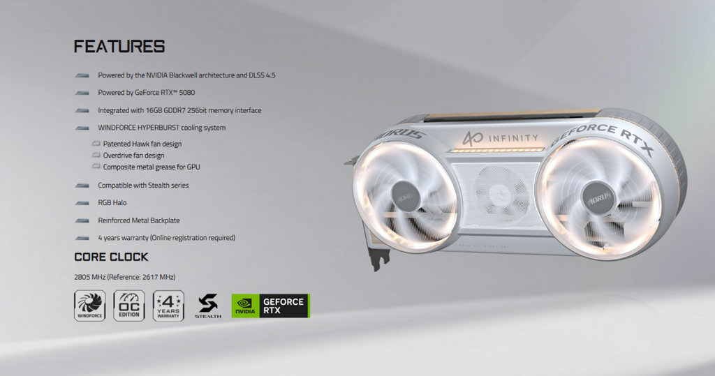 vga gigabyte geforce rtx 5080 aorus infinity wood 16gb gddr7 phần cứng