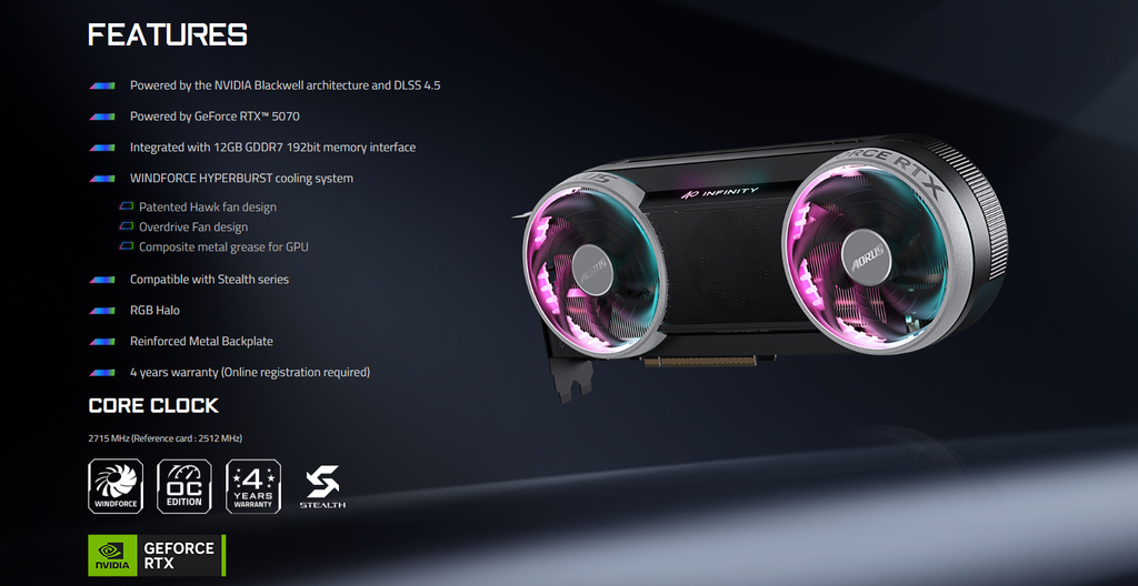 vga gigabyte geforce rtx 5070 aorus infinity 12gb gddr7 gv n5070aorus if 12gd