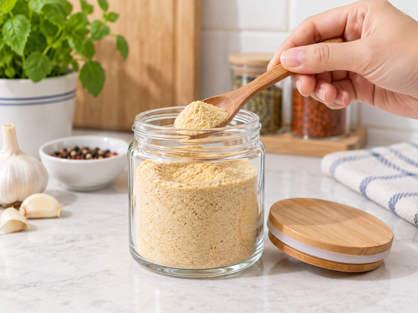 Thìa khô đang lấy bột gia vị từ hũ sạch có nắp