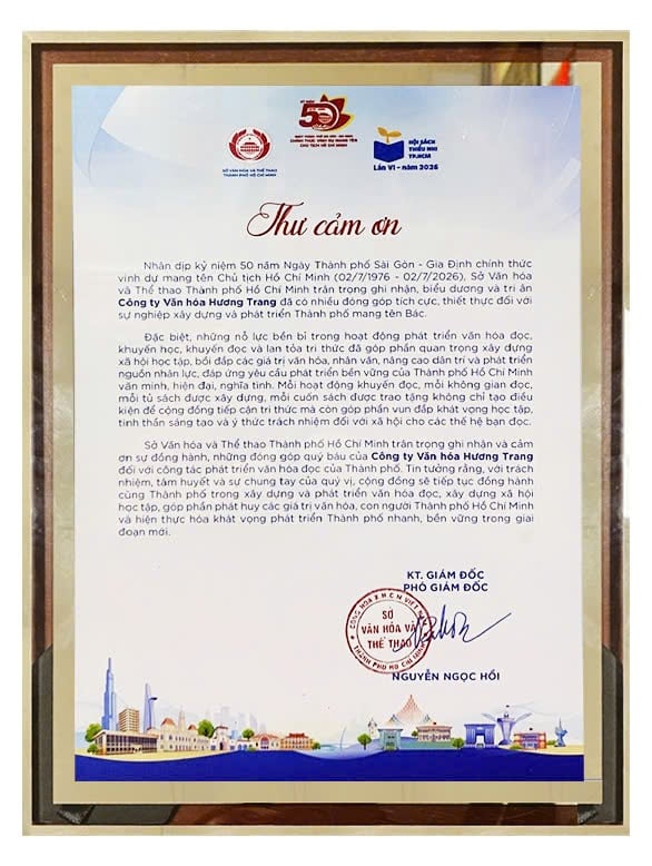 HƯƠNG TRANG BOOKS VINH DỰ NHẬN THƯ CẢM ƠN TỪ SỞ VĂN HÓA VÀ THỂ THAO TP.HCM & UBND XÃ ĐẤT ĐỎ