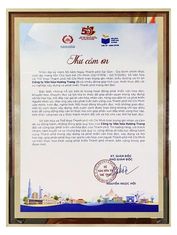 HƯƠNG TRANG BOOKS VINH DỰ NHẬN THƯ CẢM ƠN TỪ SỞ VĂN HÓA VÀ THỂ THAO TP.HCM & UBND XÃ ĐẤT ĐỎ