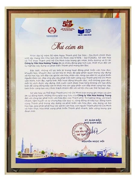 HƯƠNG TRANG BOOKS VINH DỰ NHẬN THƯ CẢM ƠN TỪ SỞ VĂN HÓA VÀ THỂ THAO TP.HCM & UBND XÃ ĐẤT ĐỎ