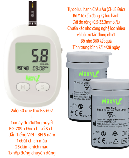 Bộ máy đo đường huyết Maxvi BG-709b và lọ 50 que thử đường huyết BS-602 cho người cao tuổi