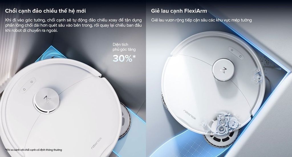 Chổi cạnh đảo chiều và giẻ lau FlexiArm giúp robot làm sạch sát mép hiệu quả