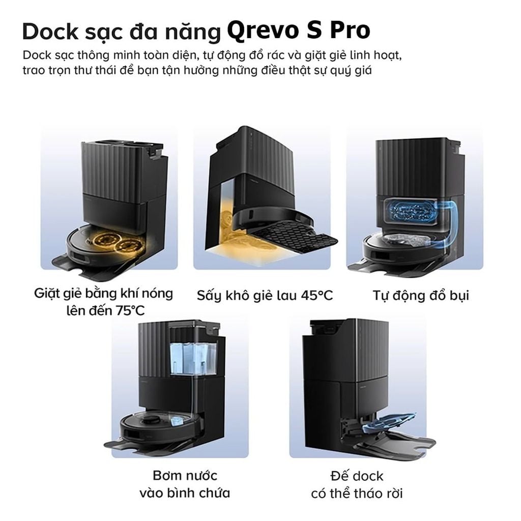 Qrevo S Pro tự động giặt giẻ bằng khí nóng lên đến 75℃ và sấy bằng khí ấm 45℃