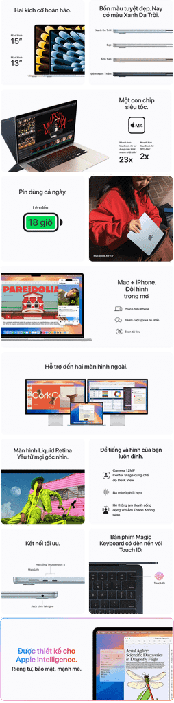 Collage showcasing features of the MacBook Air M3, including 15-inch and 13-inch sizes, four colors, M3 chip performance, 18-hour battery life, integration with iPhone, support for dual external displays, Liquid Retina display, sound system, and Magic Keyboard with Touch ID, all with Vietnamese text