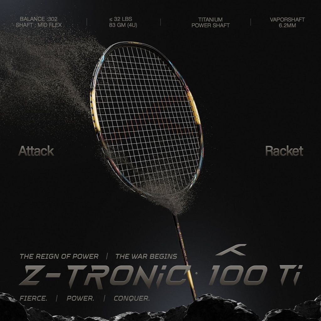 Vợt cầu lông Hundred Z-Tronic 100 Ti — ảnh key visual với thông số Balance 302mm, Shaft Mid Flex, 83g (4U)