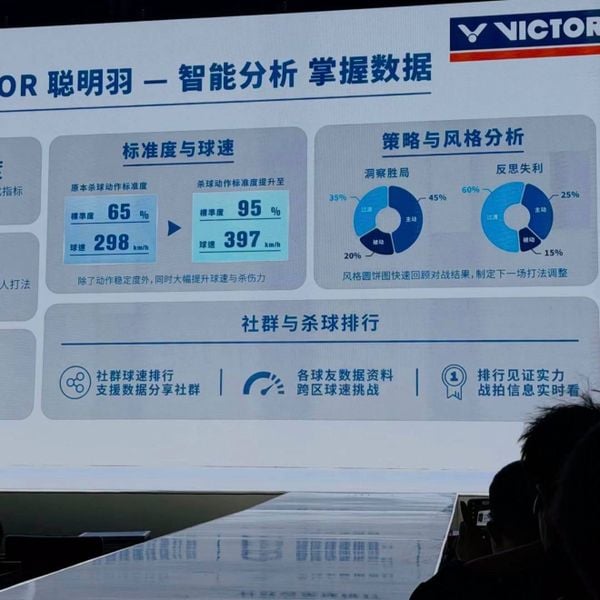 Slide trình diễn công nghệ Victor VI-01 tại sự kiện ra mắt, hiển thị dữ liệu tốc độ và độ chính xác cú đánh
