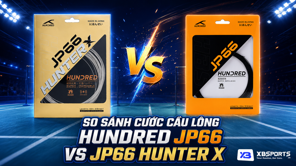 So sánh cước cầu lông Hundred JP66 và JP66 Hunter X tại XBSports — 2 flagship dòng JP cùng đường kính 0.66mm, chỉ chênh 20 nghìn nhưng khác biệt về cấu trúc dây, cảm giác đánh và độ bền