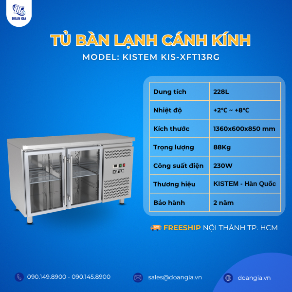 tủ bàn lạnh cánh kính có quạt 1360