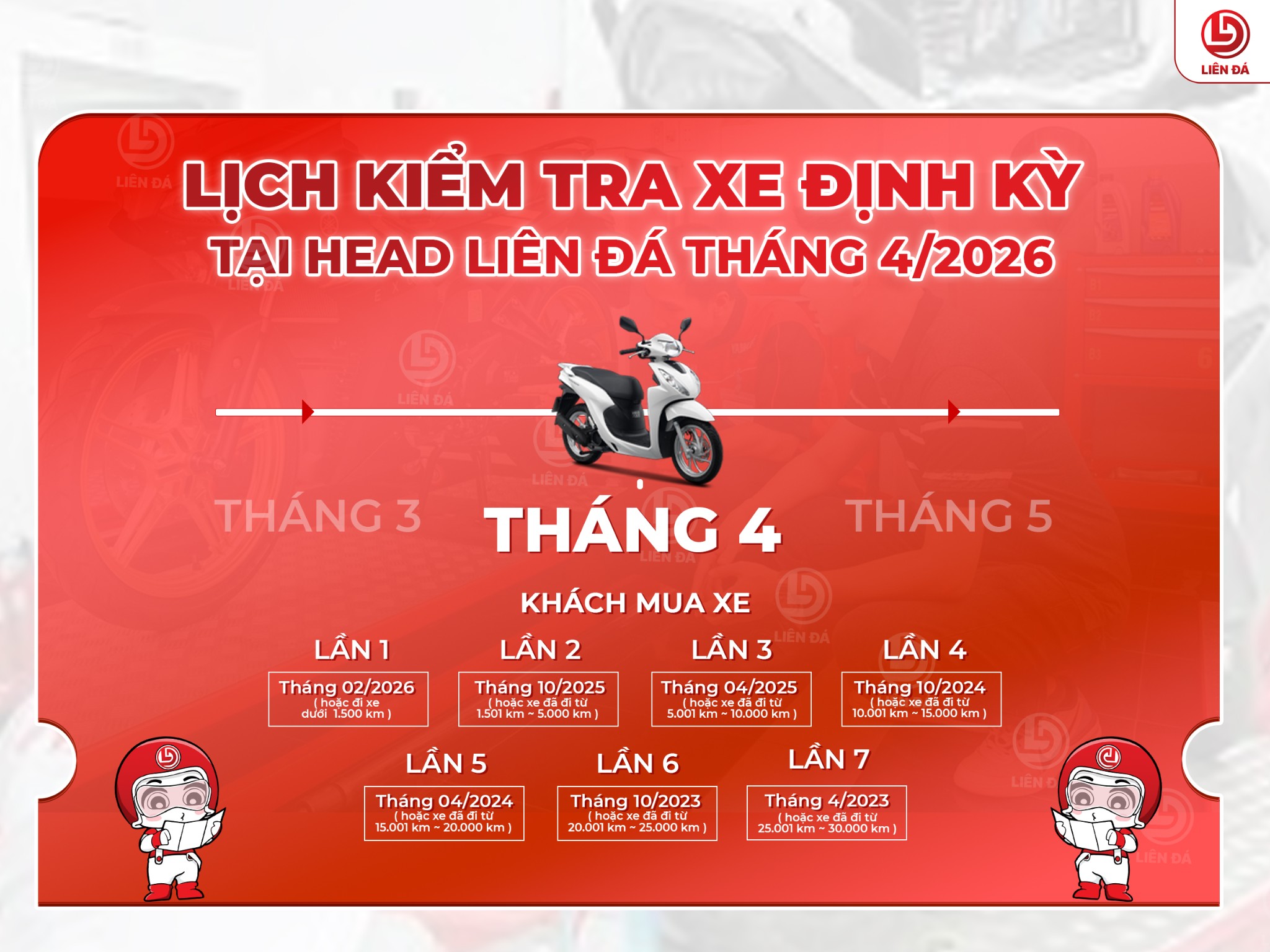 Lịch kiểm tra xe định kỳ tháng 4/2026 tại HEAD Liên Đá - Honda Ninh Bình