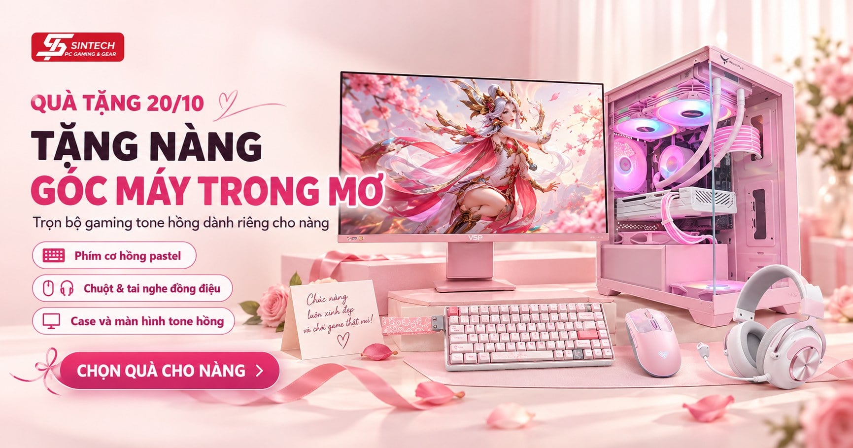 Quà 20/10 cho bạn gái mê game, gợi ý phím chuột và PC màu hồng