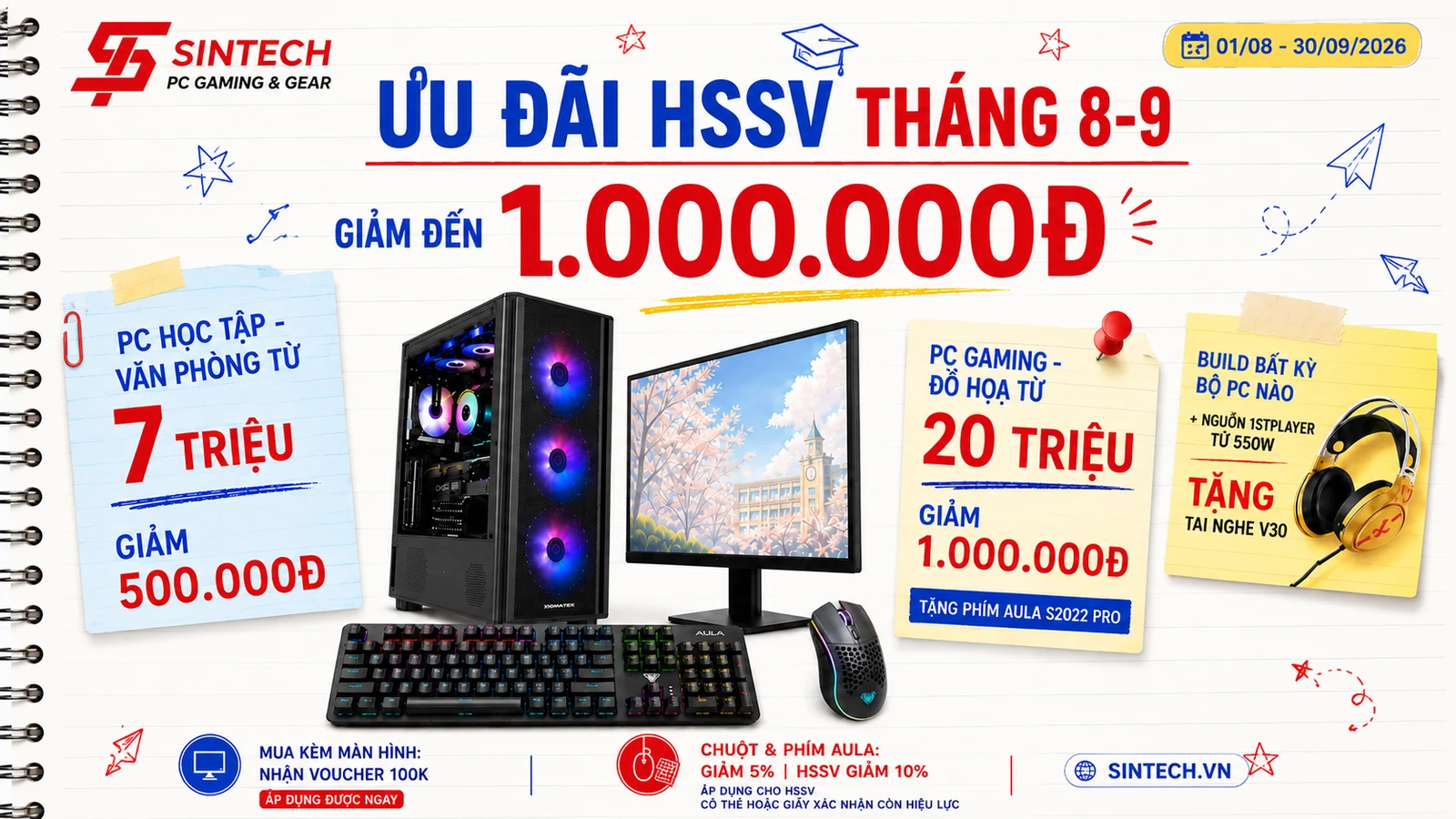 Ưu đãi HSSV tháng 8-9/2026: giảm đến 1.000.000đ tại Sintech