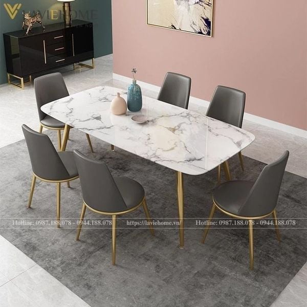 Bộ bàn ăn 6 ghế mặt đá Agnes ghế Aurora