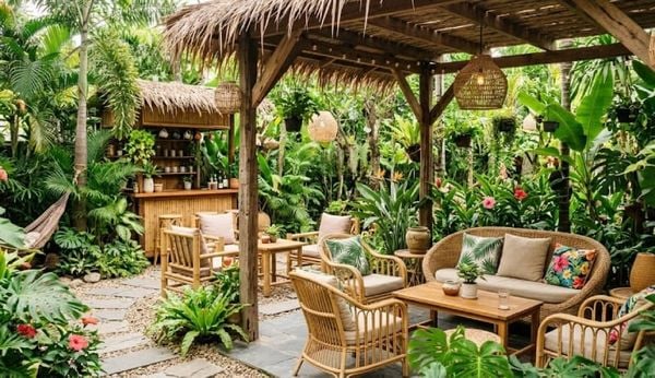 Decor cafe sân vườn phong cách Tropical