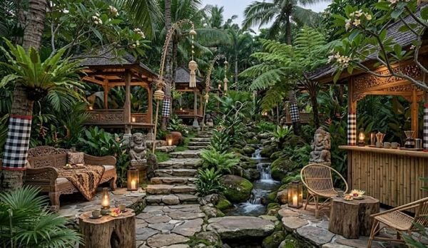 Decor cafe sân vườn phong cách Nhiệt đới Bali
