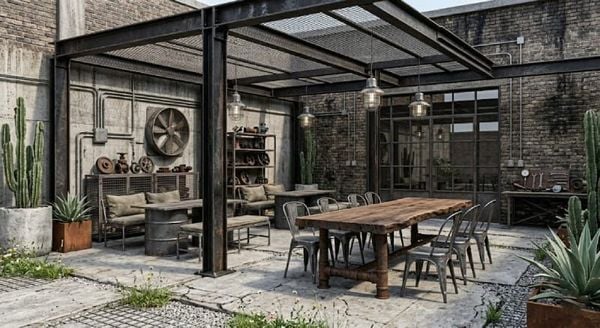 Decor cafe sân vườn phong cách Industrial