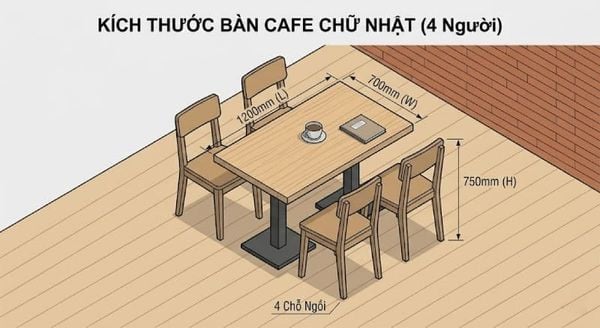 Kích thước bàn ghế cafe chữ nhật