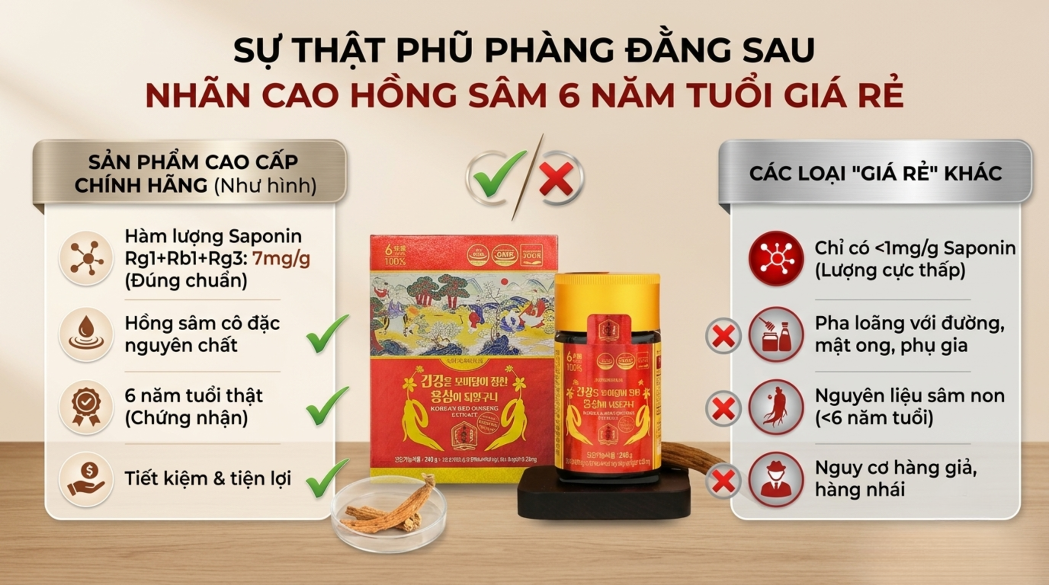 Sự thật phũ phàng đằng sau nhãn cao hồng sâm 6 năm tuổi giá rẻ
