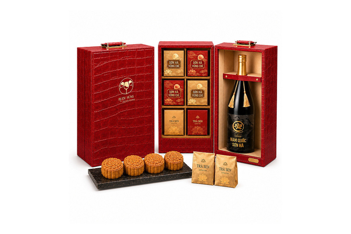 Bộ quà VIP Sơn Hà Vững Chí – rượu Nam Quốc Sơn Hà 1.800ml trong hộp da