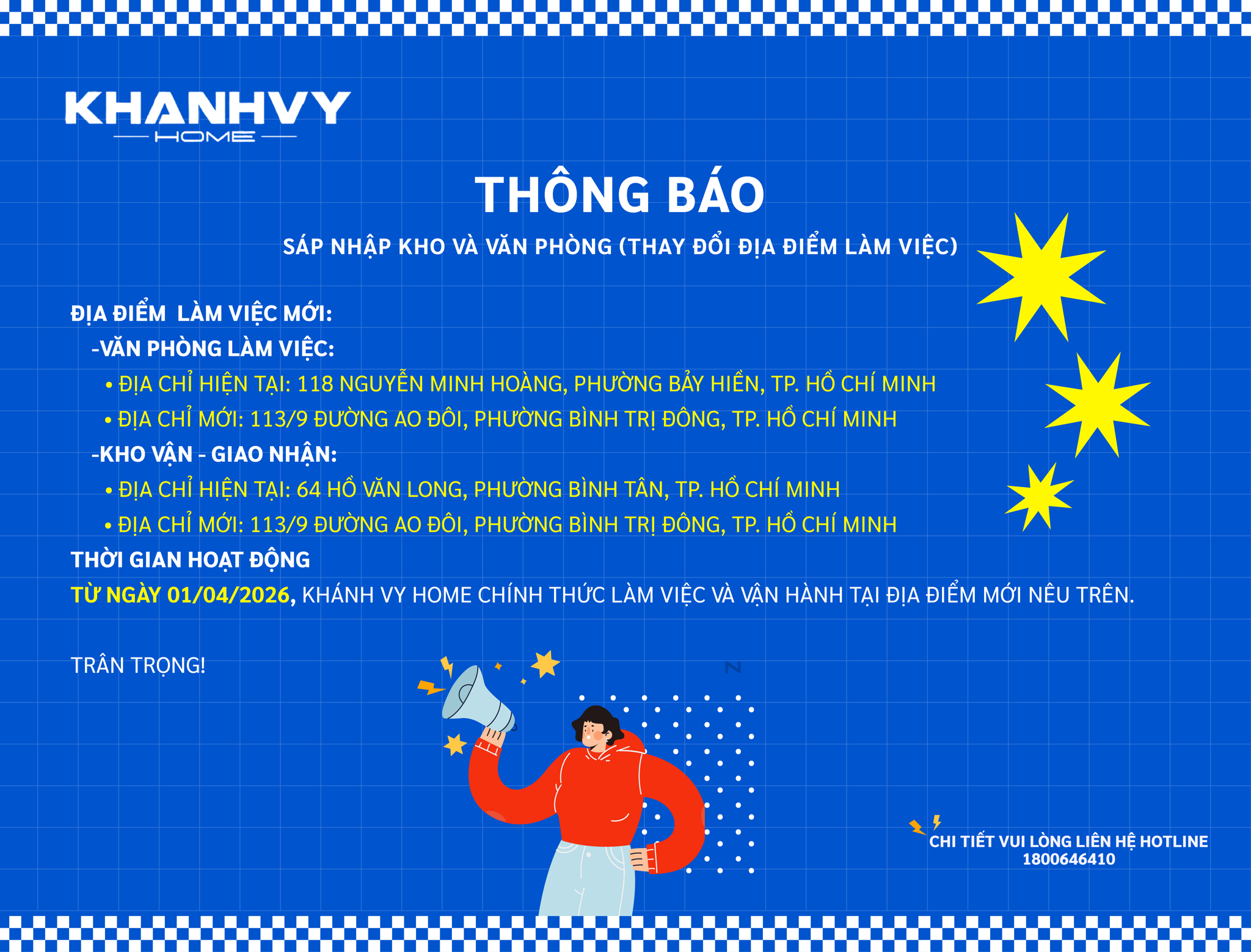THÔNG BÁO V/v: Sáp nhập Kho và Văn Phòng - Thay đổi địa điểm làm việc