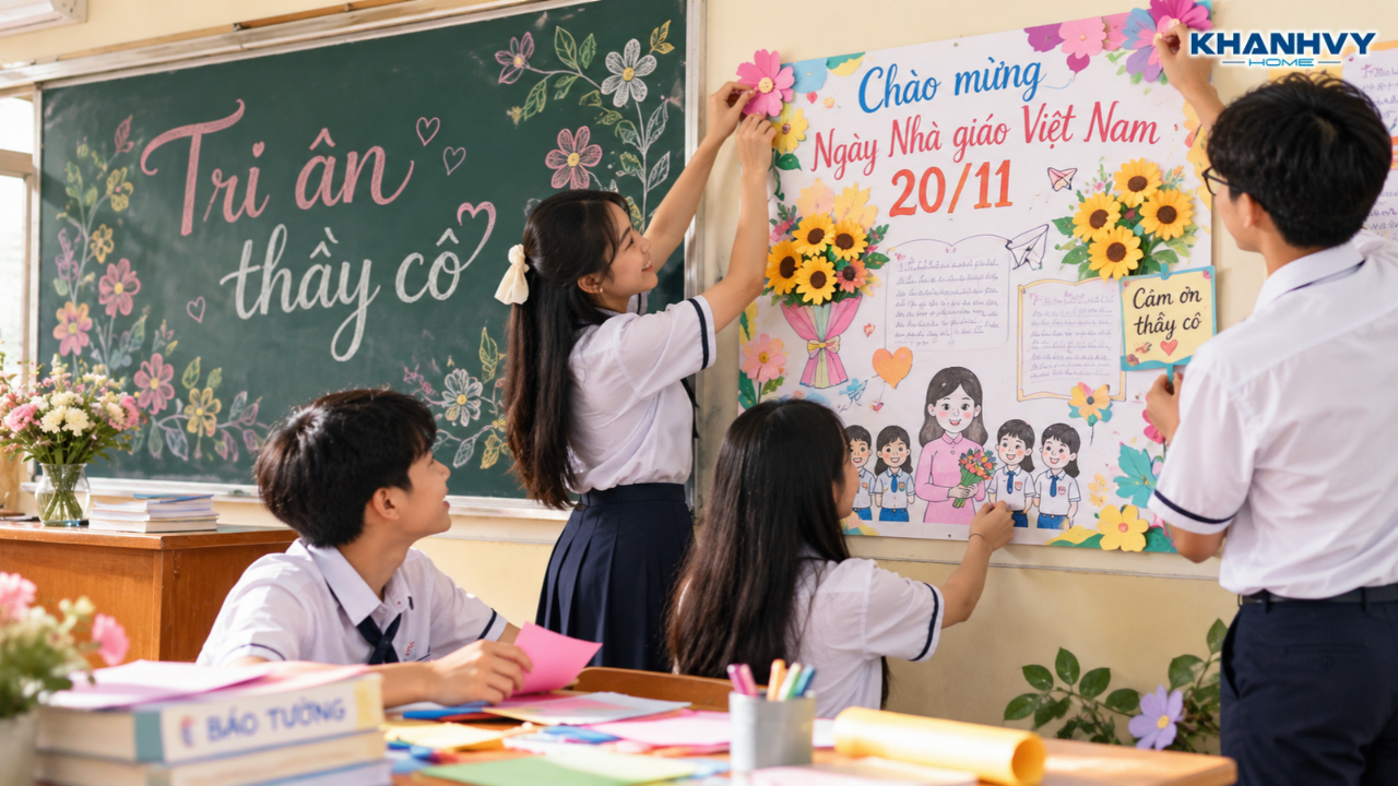 Học sinh cùng trang trí báo tường chào mừng ngày 20/11