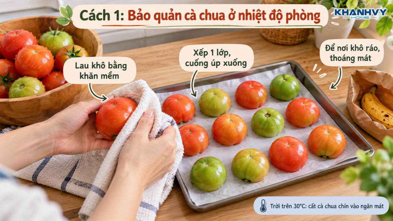 Cà chua xanh và ương được xếp trên khay thoáng, tránh ánh nắng