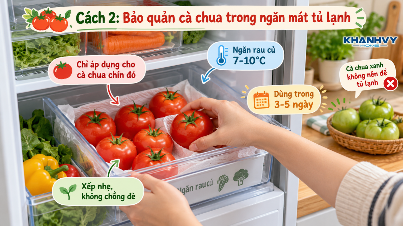 Cà chua chín đỏ được đặt trong ngăn rau củ tủ lạnh