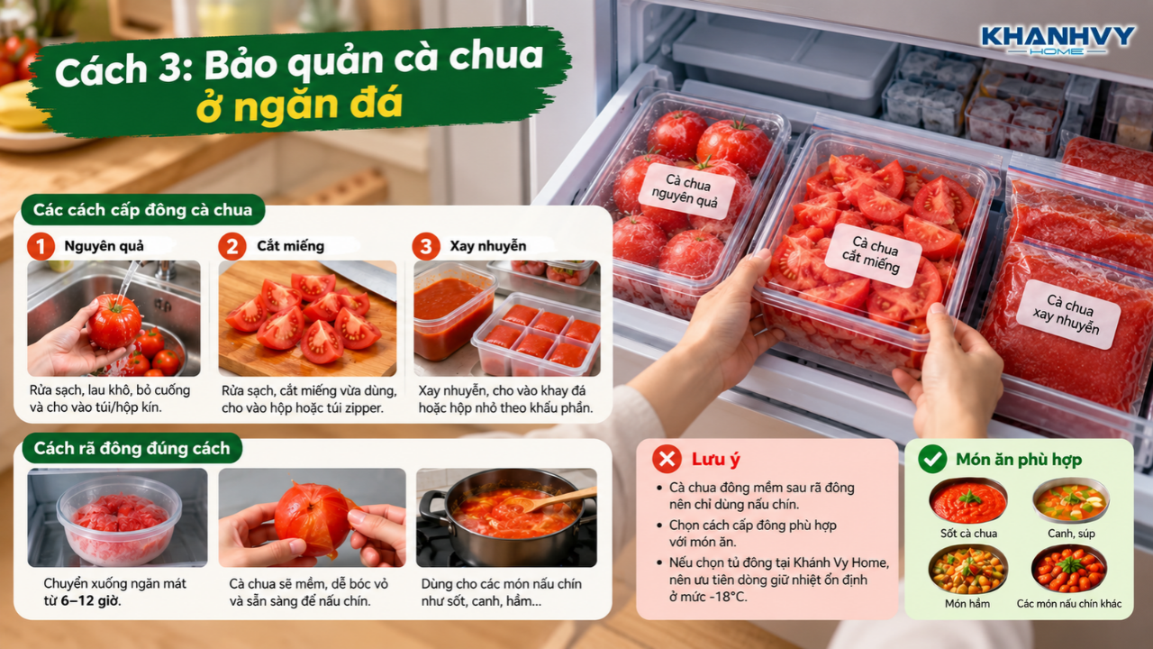 Cà chua nguyên quả và cắt nhỏ được chuẩn bị để cấp đông