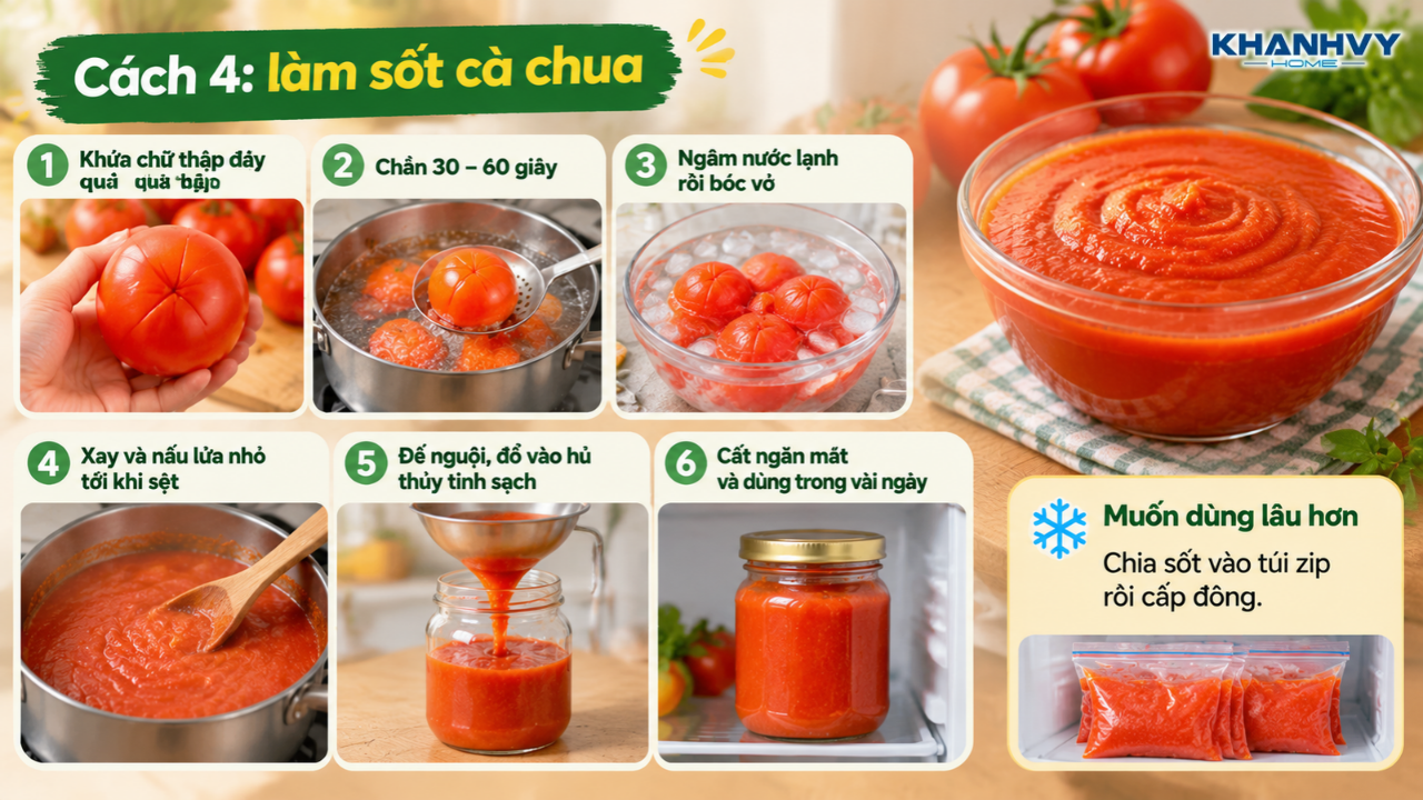 Cà chua được nấu nhuyễn thành nước sốt sánh mịn trên bếp